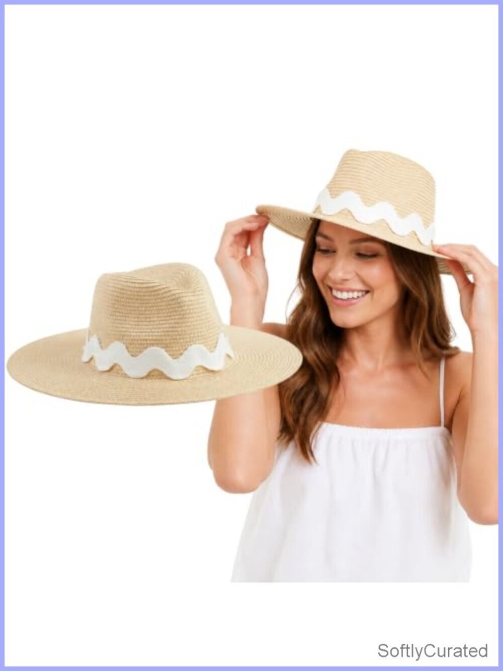 Woven Paper Straw Fedora with Oversized Ric Rac Trim Adjustable Strap